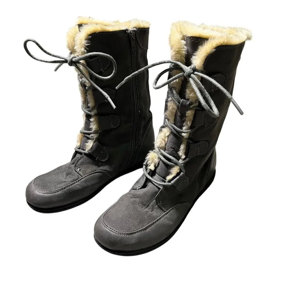 BOC Youth Size 4 Lace Leather Boots Grey Zip‎ Lace Up Faux Fur Snow Winter